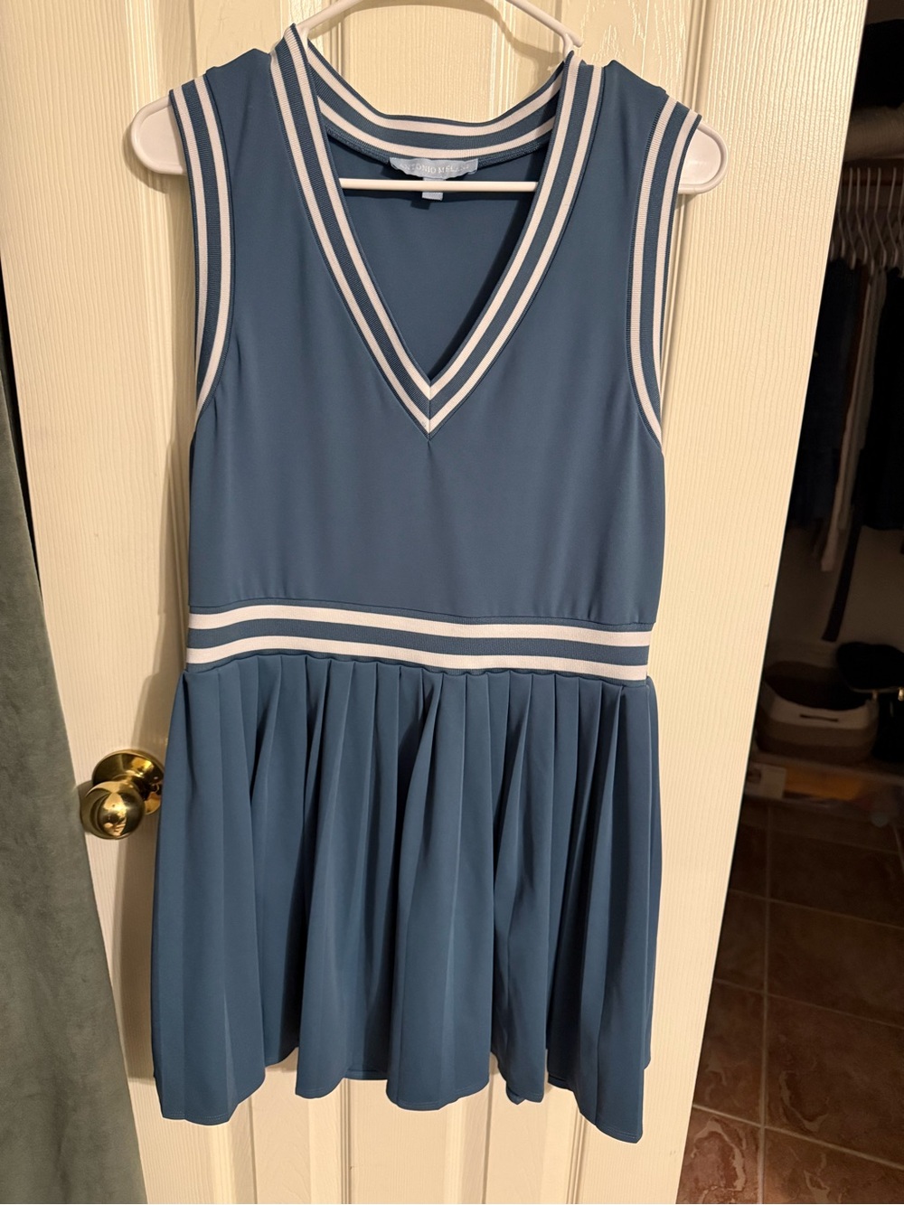 ANTONIO MELANI Blue Sleeveless V-Neck Pleated Dress with White Trim